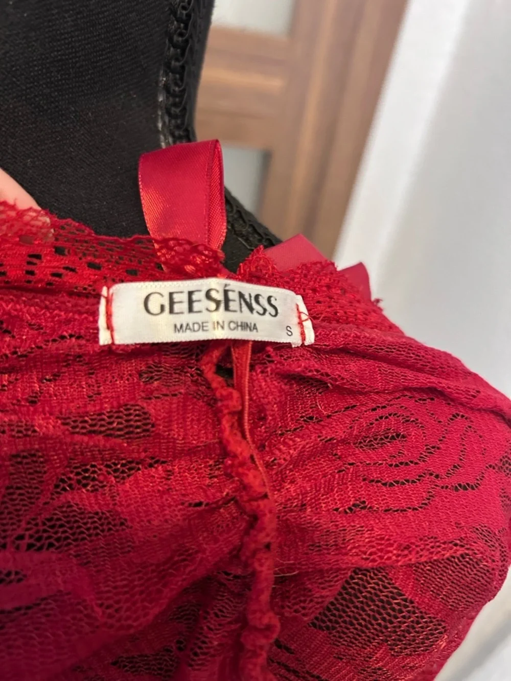 GEESENSS Sheer Lace Lingerie Halter Chemise in Berry with Satin Bow
